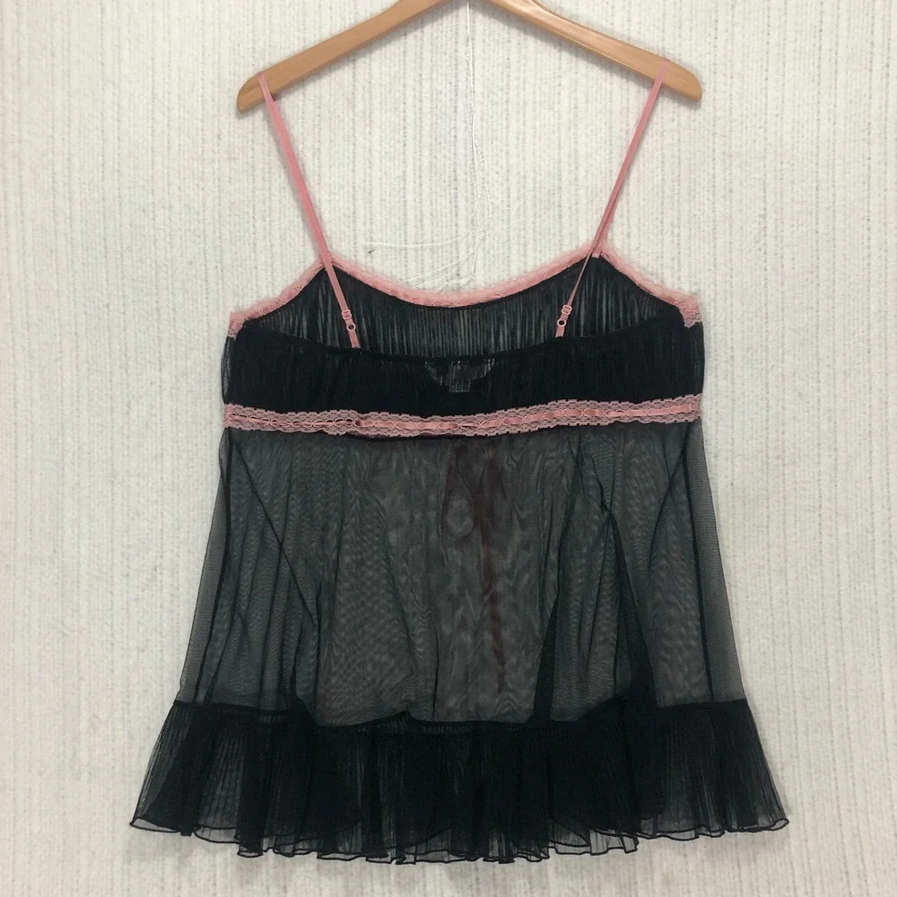 Victorias Secret Black‎ Pink Lace Babydoll Chemise Nightgown L